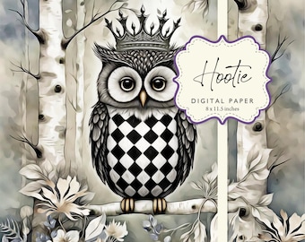 Uil Hoot Hootie berken bloemen kroon gedempte grijstinten decoupage digitaal papier 8 x 11,5 afdrukbare DIY