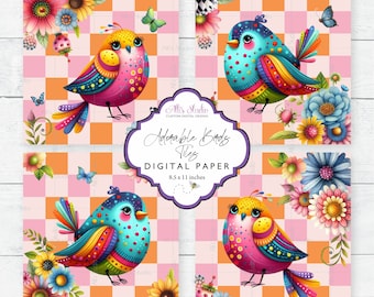 Adorable Birds Whimsical Checks Pink Orange Teal Floral Colorful Ephemera 4x4 Tiles Digital Paper 8.5x11 Printable DIY