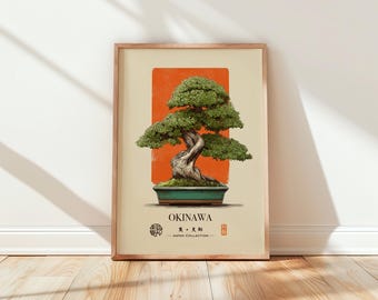 Okinawa Bonsai Print, Vintage Japanese Wall Art, Bonsai Tree Poster, Zen Home Decor