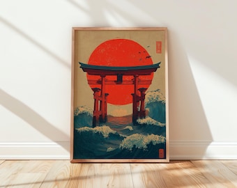 Japanese Torii Gate Print | Ocean Waves Poster | Ukiyo-e Style Decor | Zen Art