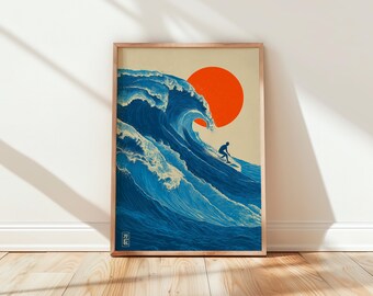 Japanese Surf Print, Wave Wall Art, Surfer Poster, Coastal Decor