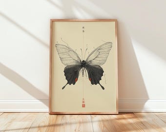 Japanese Butterfly Print, Vintage Asian Wall Art, Oriental Nature Decor, Minimalist Insect Art