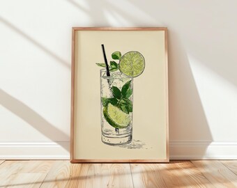 Mojito Print, Minimalist Cocktail Wall Art, Line Art Bar Poster, Home Bar Gift