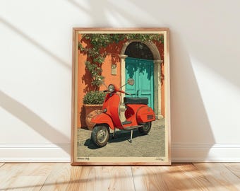 Italian Scooter Print | Vintage Florence Travel Poster | Retro Motorcycle Decor