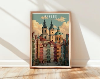 Prague Old Town Print, Vintage Travel Poster, Czech Republic Wall Art