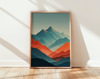 Abstract Mountain Print | Geometric Landscape Poster Teal Coral Wall Art | Modern Nature Decor