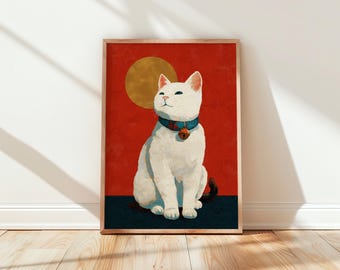 Japoński nadruk z kotem, grafika ścienna z kotem, plakat z białym kotem, japoński wystrój domu