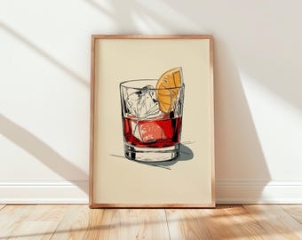 Negroni Print, Italian Cocktail Wall Art, Bar Poster, Line Art Drink Decor