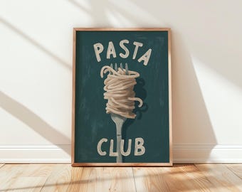 Pasta Club Print, Italian Kitchen Wall Art, Spaghetti Fork Decor, Teal Cream Typography