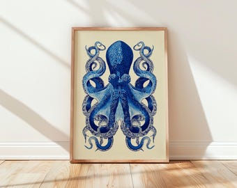 Blue Octopus Print, Ocean Wall Art, Marine Life Poster, Sea Life Art