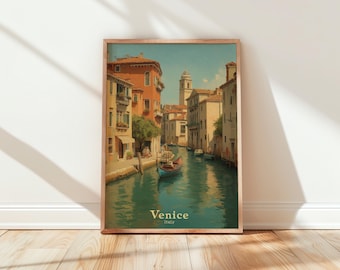 Venice Print | Italy Travel Poster | Vintage Canal Wall Art | Gondola Poster | Italian Home Decor