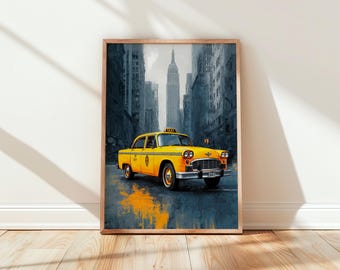 New York Yellow Taxi Print | NYC Wall Art | Vintage Travel Poster | Empire State Building | Retro City Decor