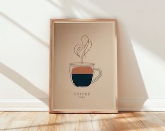 Coffee Time Print, Minimalist Kitchen Wall Art, Modern Coffee Poster, Line Art Café Decor