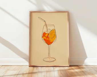 Aperol Spritz Print, Italian Cocktail Wall Art, Line Art Bar Poster, Orange Drink Decor