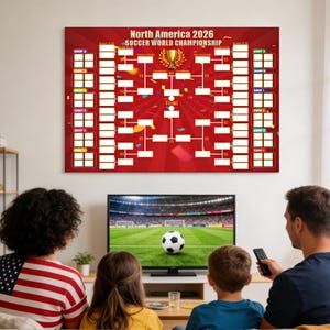 Pode incluir: Um cartaz vermelho com uma tabela de torneio de futebol, com o texto "North America 2026 Soccer World Championship". Uma família assiste a um jogo de futebol na televisão abaixo.