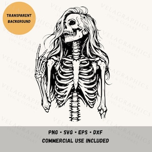 May include: Black and white illustration of a skeleton with long flowing hair, raising a hand with the index finger pointing up. The image includes the text "TRANSPARENT BACKGROUND" and "PNG • SVG • EPS • DXF COMMERCIAL USE INCLUDED".