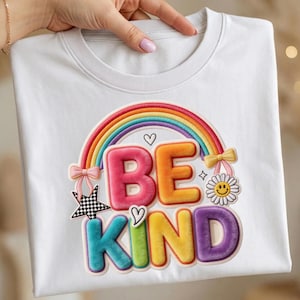 May include: White t-shirt with a colorful graphic that says "BE KIND". The design includes a rainbow, hearts, a star, a daisy, and bows. The letters are in various colors, including pink, orange, blue, and purple.