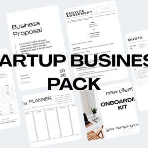 Puede incluir: Un conjunto de documentos blancos con texto negro, que incluyen una propuesta comercial, una factura, un acuerdo de servicio, una cotización, un planificador diario y un kit de incorporación de nuevos clientes. Las palabras "STARTUP BUSINESS PACK" se muestran de forma destacada. Logotipo de Canva en la esquina inferior derecha.
