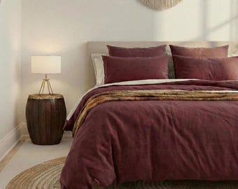 Katoenen bordeauxrode dekbedovertrek, queensize bedovertrek Boho slaapzaal bordeauxrode beddengoedset