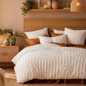 Capa de edredom tufada em algodão, conjunto de cama boho, edredom cor marfim com 2 fronhas.