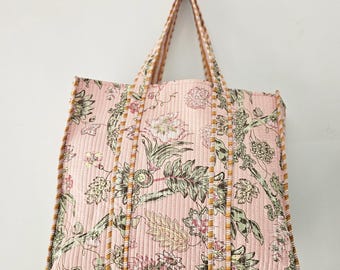 Draagtas met bloemen: gewatteerde katoenen herbruikbare boodschappentassen, zomerse strandtas, cadeau voor haar