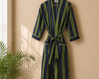 Gestreepte katoenen kimonobadjas dames, groene lange kaftan, lichtgewicht boho loungewear-jurk