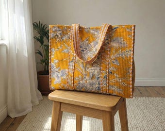 Gele gewatteerde draagtas met bloemen: grote katoenen schoudertas, boho-shopper voor dagelijks gebruik