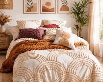 Boho getuft dekbedovertrekset | Crèmekleurig beddengoed met zonpatroon | Gezellige dekbedovertrek van katoen