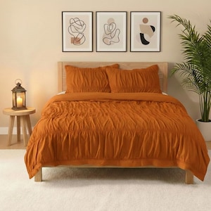 May include: An orange-colored bed set with a textured comforter and two matching pillowcases. The bed is made of wood and is against a light-colored wall. Three framed abstract art pieces hang above the bed. A small wooden side table with a lantern and a plant are also in the room.