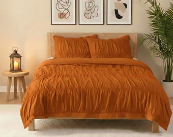 Dekbedovertrek Burnt Orange Wrinkle: 100% katoenen boho-dekbedovertrek, boho-beddengoed voor slaapzalen
