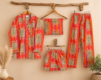 Katoenen pyjamaset met tijgerprint: roze-oranje strepen, boho-nachtkleding