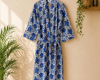 Katoenen kimonobadjas met blauwe bloemen, lichtgewicht badjas zomerloungewear, strandkleed