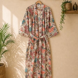 Bata kimono floral, bata bohemia beige, bata de descanso ligera estampada para verano, regalo para damas de honor