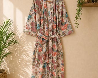 Gebloemde kimono-badjas, beige boho-cover-up, lichtgewicht zomerse bedrukt loungegewaad, cadeau bruidsmeisje