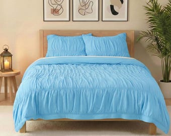 Katoenen hemelsblauw gerimpeld dekbedovertrek, dekbedovertrek, queen size boho slaapzaalbeddengoed
