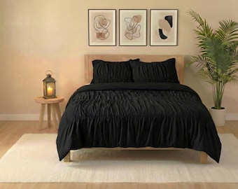 Katoenen gerimpelde dekbedovertrek, dekbedovertrek, queen size boho slaapzaal zwarte kleur beddengoedset