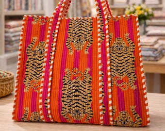 Handgemaakte gewatteerde draagtas met tijgerprint, grote katoenen draagtas, boho-shopper schoudertas