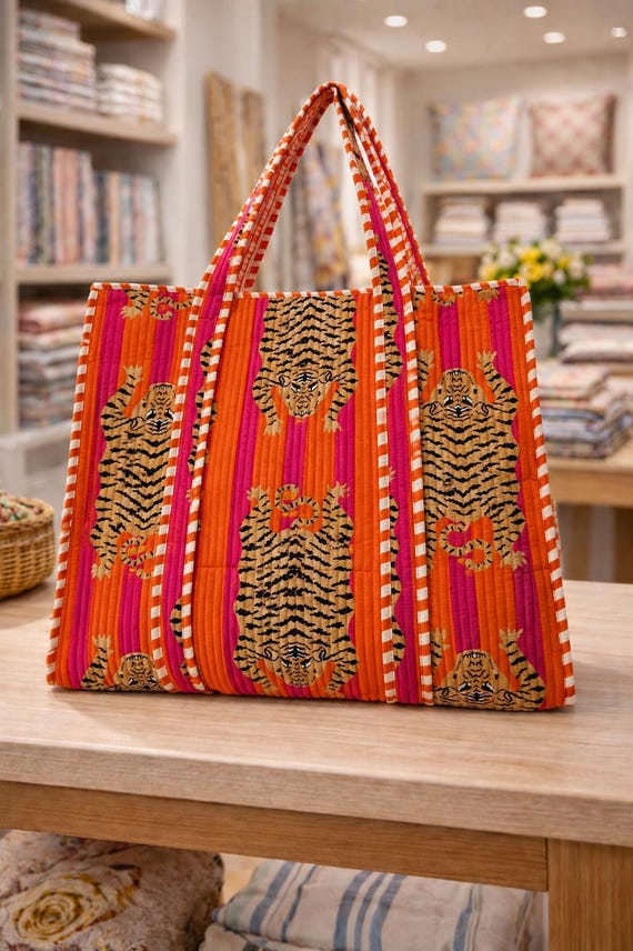 Handcrafted Quilted Tiger Print Tote Bag, Large Cotton Carryall, Boho Shopper Shoulder Bag