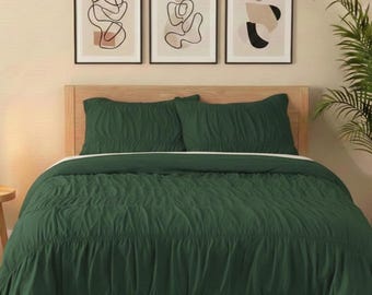 Groen gekreukt katoenen dekbedovertrekset: boho king queen-dekbed, gezellig beddengoed
