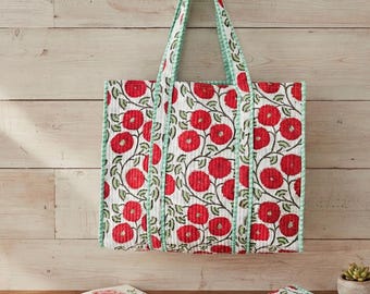 Gewatteerde katoenen draagtas: rode schoudertas met Indiase blokprint en bloemenprint, herbruikbare Market Shopper