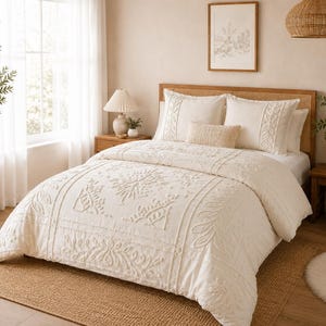 Capa de edredom com capitonê floral | Conjunto de cama de algodão com 3 peças | Conjunto de cama branco/marfim