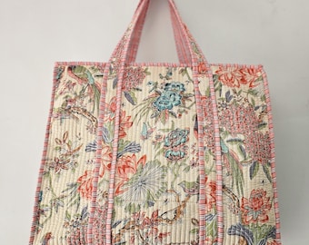 Cotton Quilted Tote Bag: Handmade Floral Print Grocery Bags With Zipper, Market Shopper