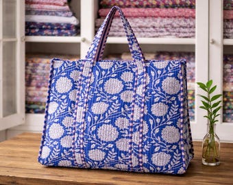 Handgemaakte gewatteerde katoenen draagtas: herbruikbare schoudertassen met bloemenprint | Eco-shoppingtas
