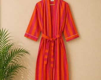 Oranjeroze gestreepte katoenen kimonobadjas, lichtgewicht badjas zomerloungewear, strandkleed