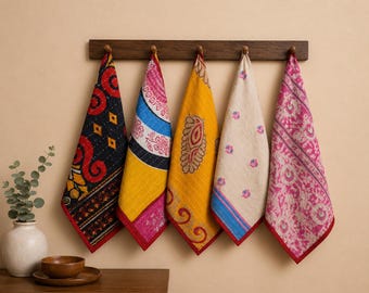 Boho Kantha-keukendoeken: katoenen vaatdoeken | Handgemaakte gewatteerde theedoekenset van 5 stuks