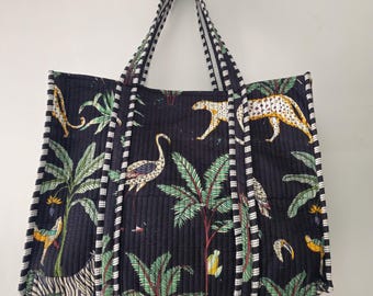 Katoenen gewatteerde draagtas: gepersonaliseerde bohotas met jungleprint, strandweekendtassen