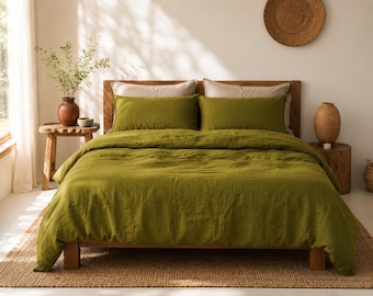 Olive Green Linen Bedding Set, Soft Washed Duvet Cover, Minimalist Flex Comforter Cover