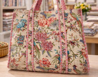 Handgemaakte gewatteerde draagtas met bloemen: omkeerbare katoenen shopper