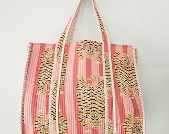 Katoenen draagtas met tijgerprint: milieuvriendelijke shopper, gepersonaliseerde strandweekendtassen