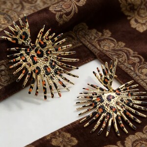 Pendientes de fuegos artificiales con estampado de leopardo / Pendientes colgantes dorados llamativos / Joyería de fiesta